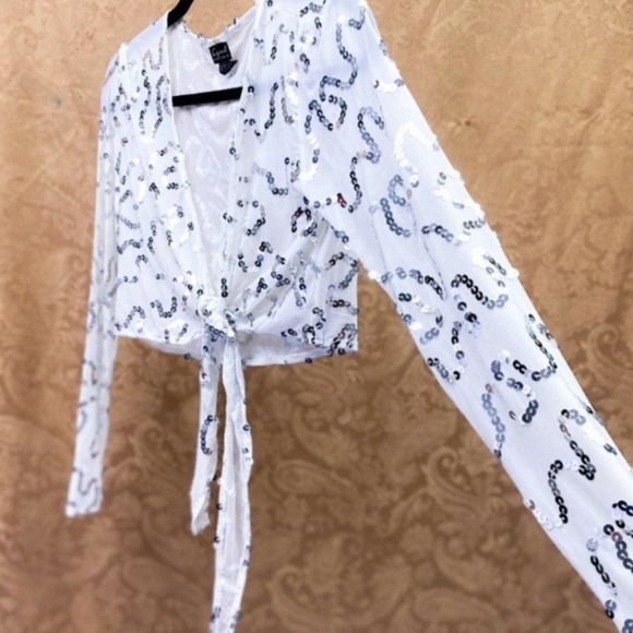 Sequin Tie-Front Sheer Creme Crop Top - Picture 8 of 12